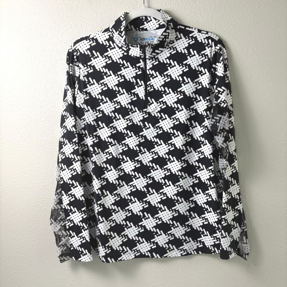 IBKUL Quarter Zip Shirt Size XL Black White Geometric Long Sleeve Mock UPF 50+